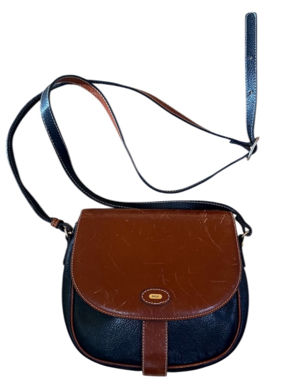 Bally Vintage Leather Crossbody Bag Black Brown Saddle Made in Italy